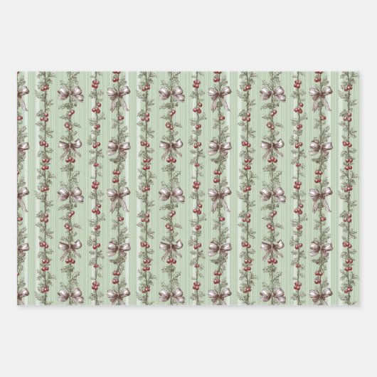 Pretty Green Toile Christmas Berries And Bows Geschenkpapier Set (Vorderseite 2)