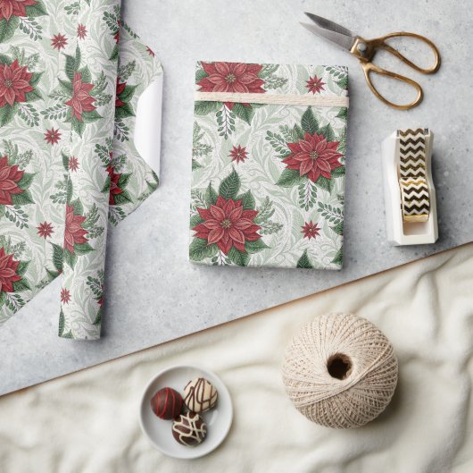 Pretty Green Toile Red Christmas Flower Pattern Geschenkpapier (Kunsthandwerk)