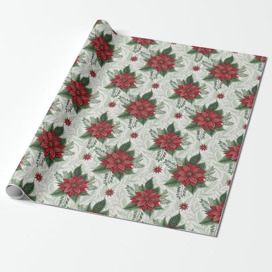 Pretty Green Toile Red Christmas Flower Pattern Geschenkpapier (Ungerollt)