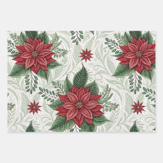Pretty Green Toile Red Christmas Flower Pattern Geschenkpapier Set (Vorderseite)