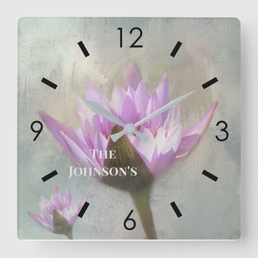 PRETTY IN PINK WATER LILIES LARGE CLOCK QUADRATISCHE WANDUHR (Vorderseite)