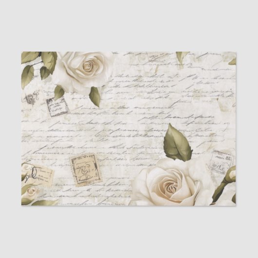 Pretty Ivory Roses on Simulated Text and Stamps Seidenpapier (Vorderseite)