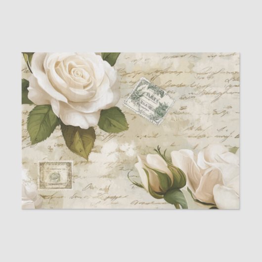 Pretty Ivory Roses with Simulated Text and Stamps Seidenpapier (Vorderseite)