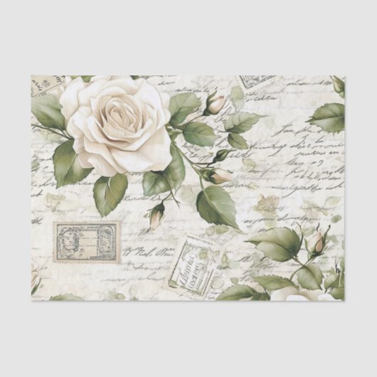 Pretty Ivory Roses with Simulated Text and Stamps Seidenpapier (Vorderseite)