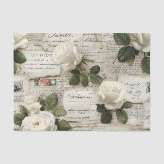 Pretty Ivory Roses with Simulated Text and Stamps Seidenpapier (Vorderseite)