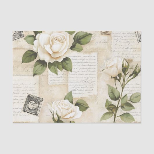 Pretty Ivory Roses with Simulated Text and Stamps Seidenpapier (Vorderseite)