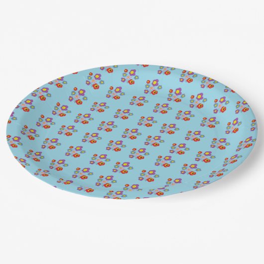 Pretty Ladybug and Flowers Light Blue Pattern Pappteller (Schrägansicht)