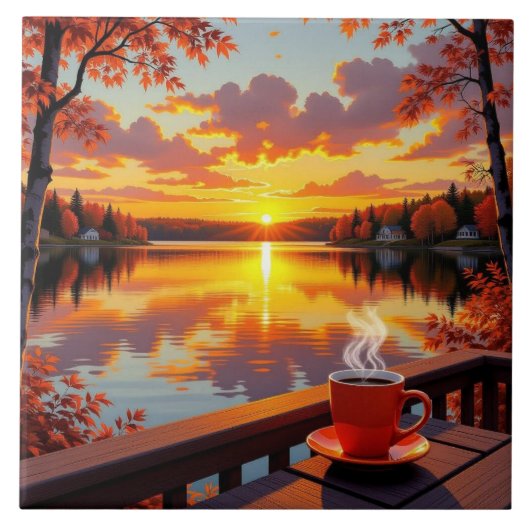 Pretty Lake Side View of a Sunrise and Warm Coffee Fliese (Vorderseite)