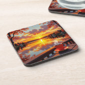 Pretty Lake Side View of a Sunrise and Warm Coffee Getränkeuntersetzer (Linke Seite)