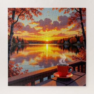 Pretty Lake Side View of a Sunrise and Warm Coffee Puzzle