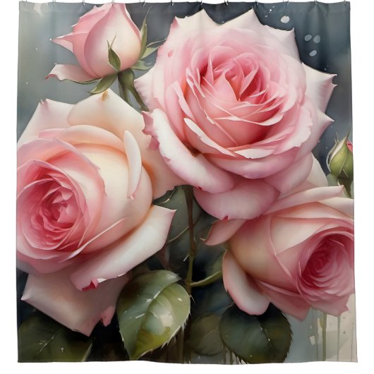 Pretty light pink roses garden watercolor painting duschvorhang (Vorderseite)