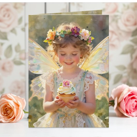 Pretty Little Fairy Girl with Cupcake Birthday Karte