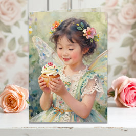 Pretty Little Fairy Girl with Cupcake Birthday Karte