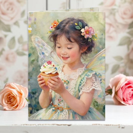 Pretty Little Fairy Girl with Cupcake Birthday Karte