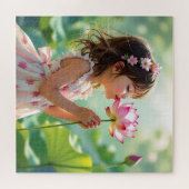 Pretty Little Girl Smelling a Pink Rose Puzzle (Horizontal)