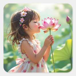 Pretty Little Girl Smelling a Pink Rose Quadratischer Aufkleber