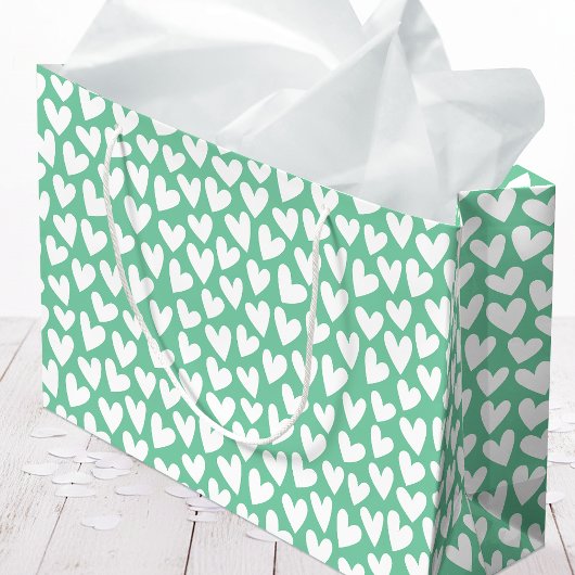 Pretty Love Heart Pattern Mint White Valentine Große Geschenktüte