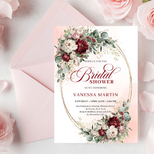 Pretty Marsala Flowers Gold Bridal Shower Invite Einladung