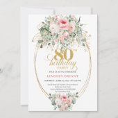 Pretty Minimal Blush Floral 80th Birthday Invite Einladung (Vorderseite)