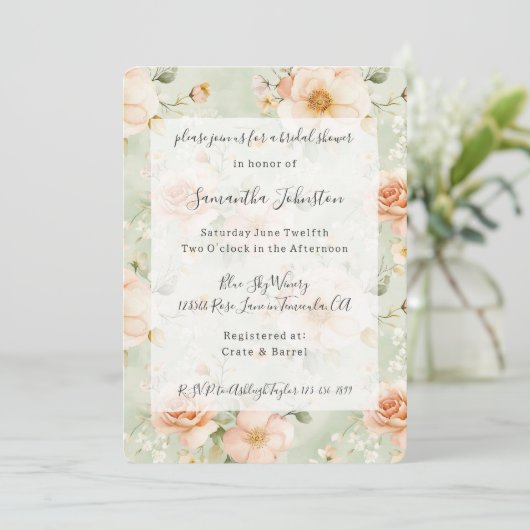 Pretty Mint Peach Floral Bridal Shower Einladung (Stehend Vorderseite)
