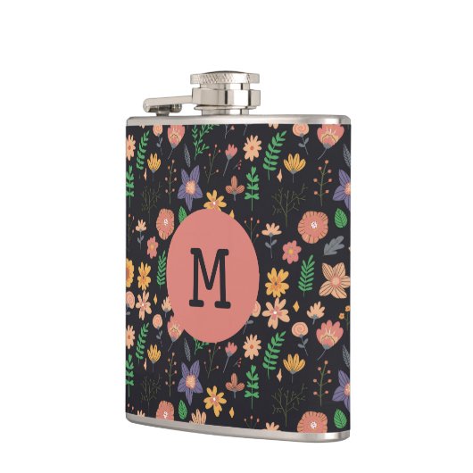 Pretty Modern Dark Floral Pattern Monogram Flachmann (Links)