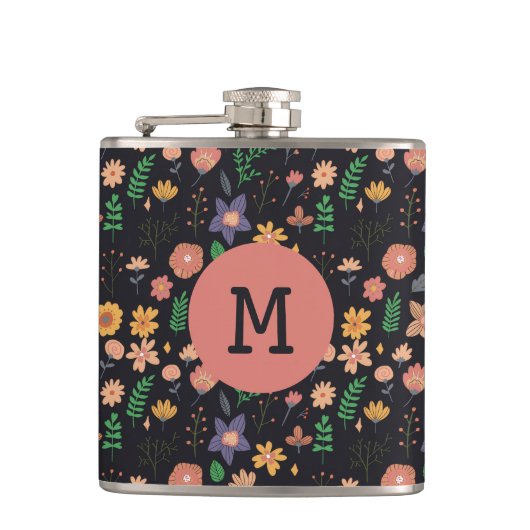 Pretty Modern Dark Floral Pattern Monogram Flachmann (Vorderseite)