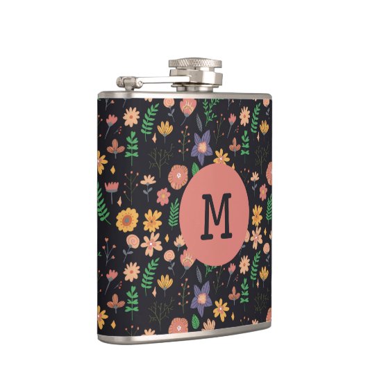 Pretty Modern Dark Floral Pattern Monogram Flachmann (Rechts)