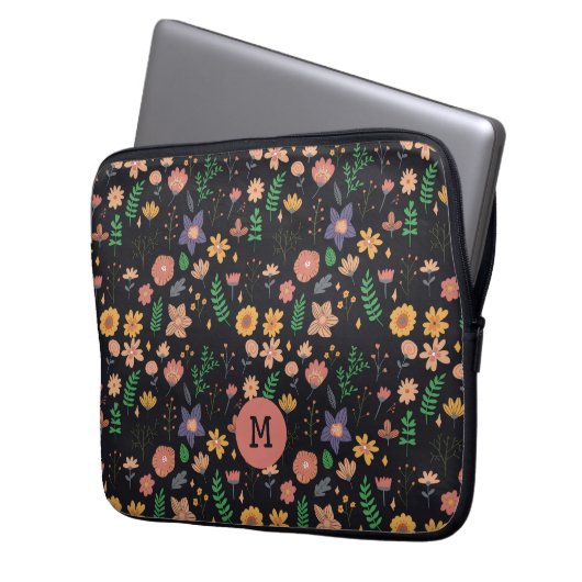 Pretty Modern Dark Floral Pattern Monogram Laptopschutzhülle (Vorderseite Links)