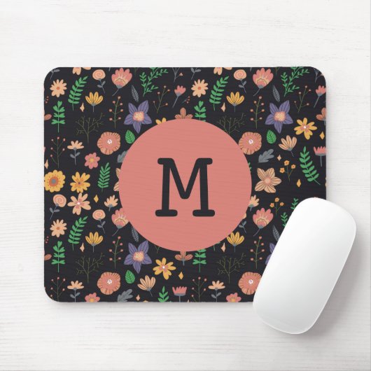 Pretty Modern Dark Floral Pattern Monogram Mousepad (Mit Mouse)