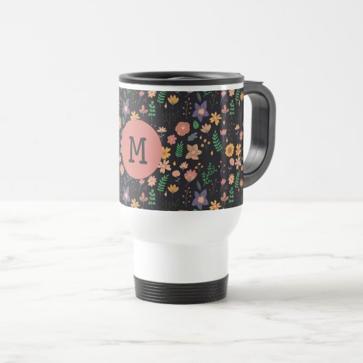 Pretty Modern Dark Floral Pattern Monogram Reisebecher (VorderseiteRechts)