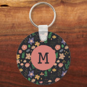 Pretty Modern Dark Floral Pattern Monogram Schlüsselanhänger (Vorderseite)