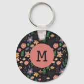 Pretty Modern Dark Floral Pattern Monogram Schlüsselanhänger (Rückseite)