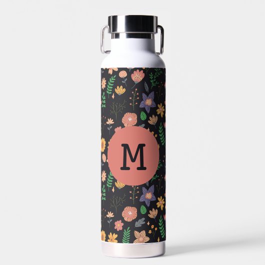 Pretty Modern Dark Floral Pattern Monogram Trinkflasche (Vorne)
