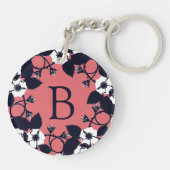 Pretty Modern Floral Coral Pink Monogram Schlüsselanhänger (Rückseite)