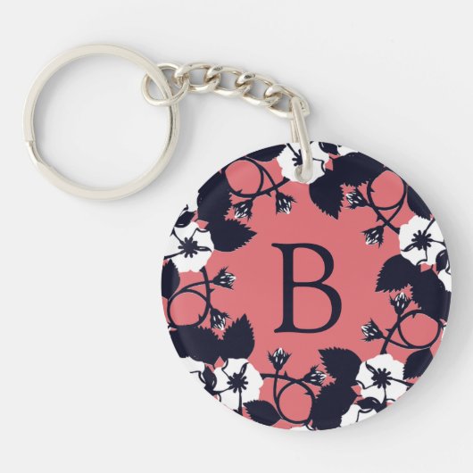 Pretty Modern Floral Coral Pink Monogram Schlüsselanhänger (Vorderseite)