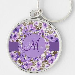 Pretty Monogram Purple & White Floral Key Chain 2 Schlüsselanhänger