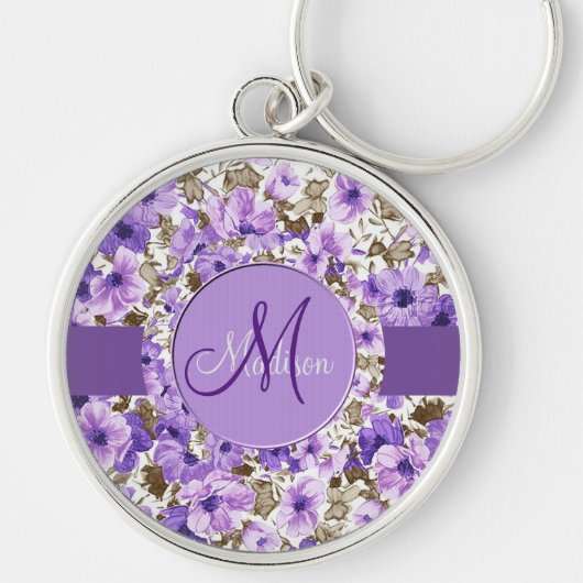 Pretty Monogram Purple & White Floral Key Chain 2 Schlüsselanhänger (Vorne)