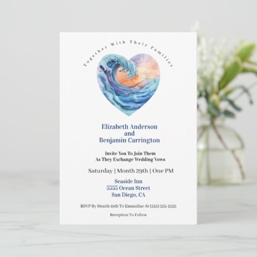 Pretty Ocean Wave Heart Wedding Einladung (Stehend Vorderseite)