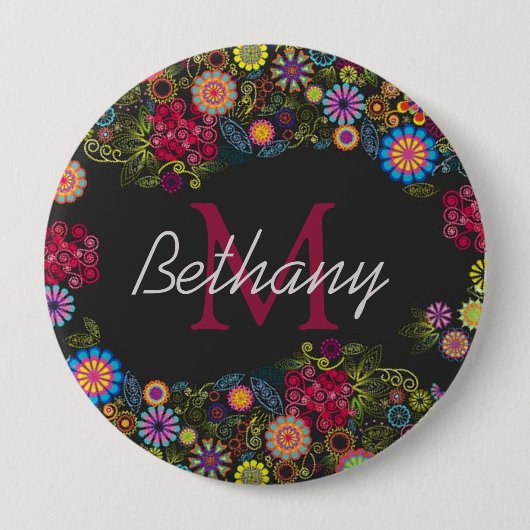 Pretty Ornate Dark Floral Pattern Personalised Button (Vorderseite)