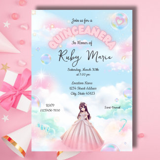 Pretty Pastel Anime Girl Quinceanera Invitation Einladung