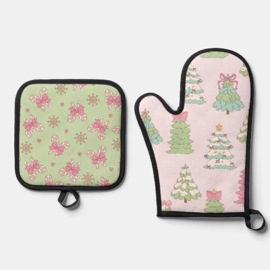 Pretty Pastel Christmas Trees and Bows Ofenhandschuh & Topflappen-Set (Vorderseite)