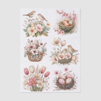 Pretty Pastel Pink Flowers, Birds, Nests and Eggs Seidenpapier