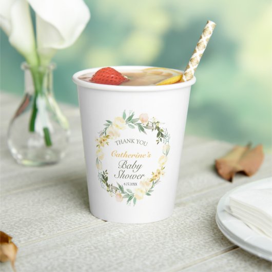 Pretty Pastel Yellow Floral Baby Shower Paper Cup Pappbecher (In Situ)
