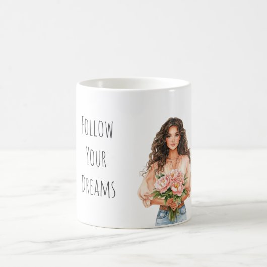 Pretty Peach Floral Dreams Brown Hair Lady Kaffeetasse (Mittel)