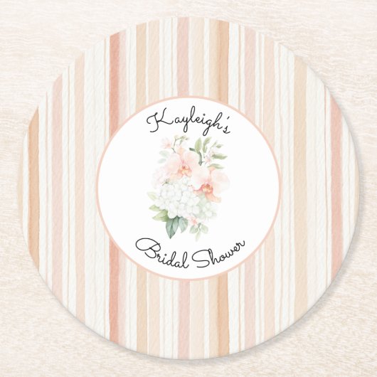 Pretty Peach Orchid Flowers Stripes Bridal Shower  Runder Pappuntersetzer (Vorderseite)