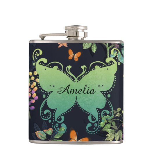 Pretty Personalised Dark Floral Butterfly Pattern Flachmann (Vorderseite)