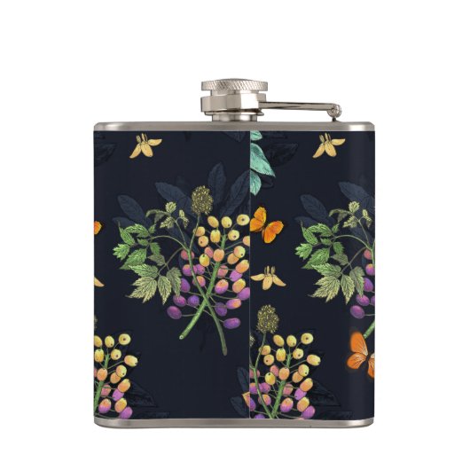 Pretty Personalised Dark Floral Butterfly Pattern Flachmann (Rückseite)