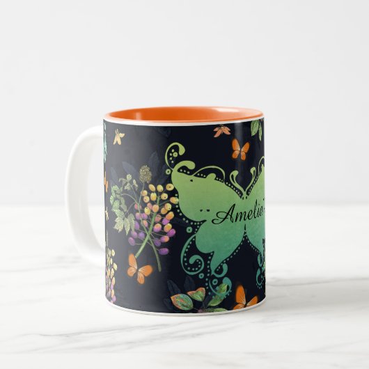 Pretty Personalised Dark Floral Butterfly Pattern Zweifarbige Tasse (Vorderseite Links)