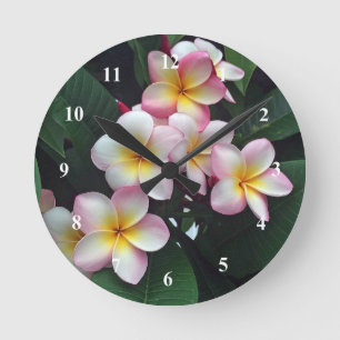 Pretty Pink and Yellow Plumeria Floral Photo Runde Wanduhr