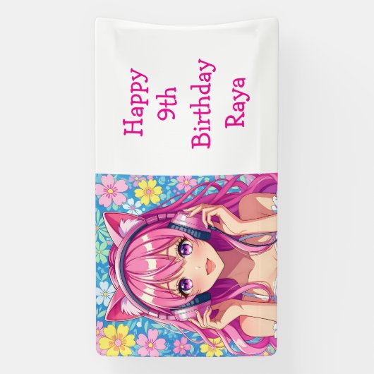 Pretty Pink Anime Girl's Birthday Party Banner (Vertikal)